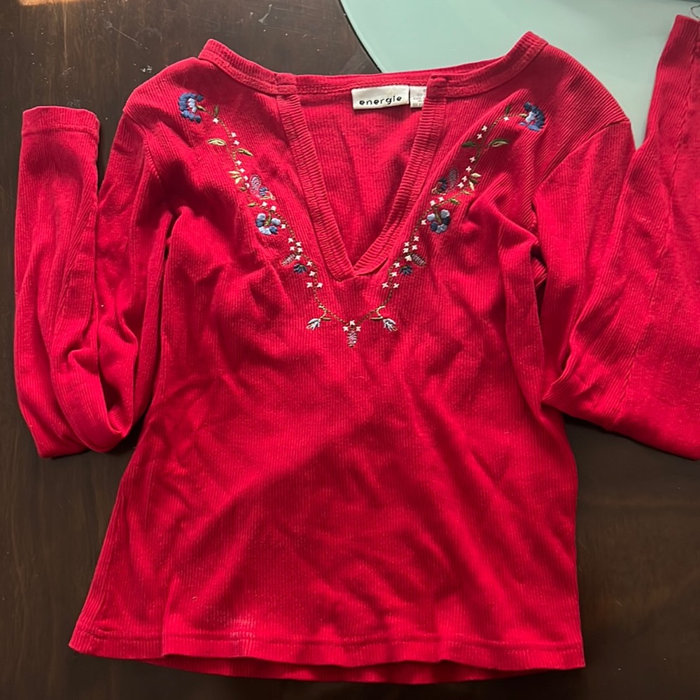 vintage cotton embroidered “energie” long sleeve v neck